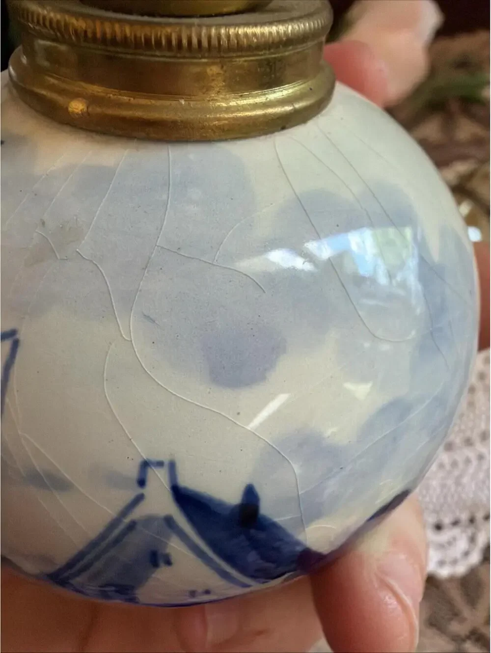 Vintage Mini Oil Lamp Delft Blue Windmill Amber Glass Chimney Holland 9” Dutch